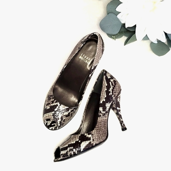 Stuart Weitzman Embossed Leather Peep Toe Heels | Size 4.5 M - Picture 3 of 7